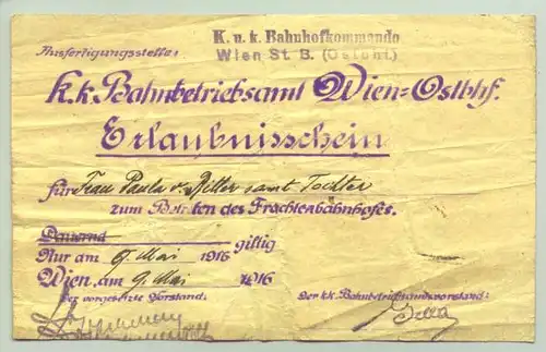 () Bahnhofsgelaende-Passierschein 1916 Wien - Ostbahnhof