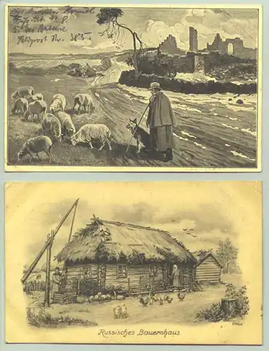 (1025642) 2 AK : 'Kriegsbilder-Postkarte' u. 'Russisches Bauernhaus'. Feldpost 1917-18. # 1. Weltkrieg # WK I