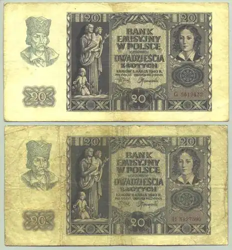 (1028182) Polen. Geldscheine. Banknoten. 2 x 20 Zloty 1940