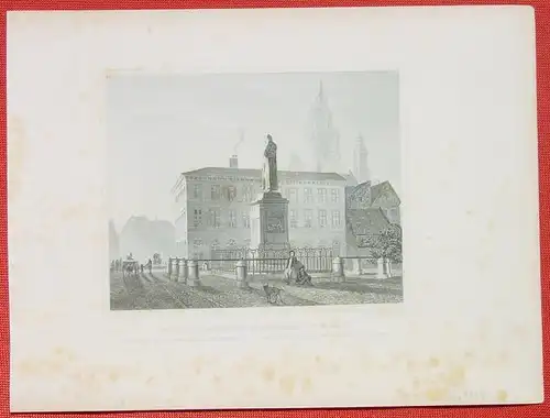 () "Das Guttenbergs Monument in Mainz". Stahlstich um 1880. Bildgroesse ca. 13 x 10,5 cm