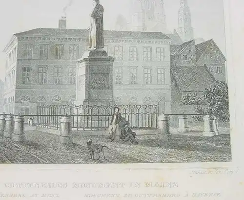 () "Das Guttenbergs Monument in Mainz". Stahlstich um 1880. Bildgroesse ca. 13 x 10,5 cm