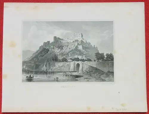 (1009344) "Rheinfels". Alter Stahlstich um 1880. Bildgroesse ca. 15 x 10 cm