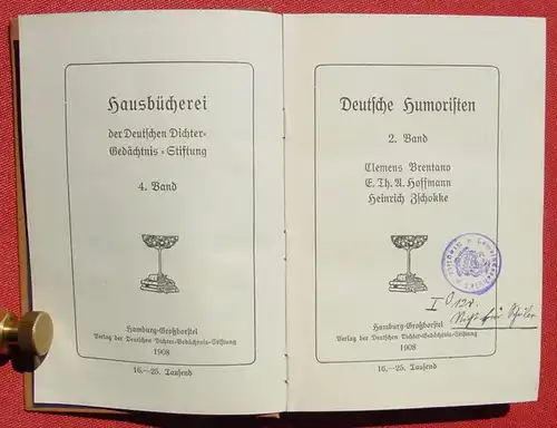 () "Deutsche Humoristen" 2. Band. Brentano, Hoffmann, Zschokke. 228 S., Hamburg 1908. Verlag der Deutschen Dichter-Gedaechtnis-Stiftung