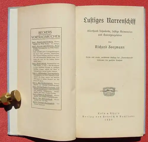 () Zoozmann "Lustiges Narrenschiff". Schwaenke, Reimereien u. Eulenspiegeleien. 1923, Hoursch u. Bechstedt, Koeln