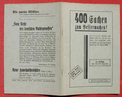 (0200019) "400 Sachen zum Bessermachen !" 407 Tips Hausfrau 1941. 32 S., Heymann Verlag, Friesack (Mark)