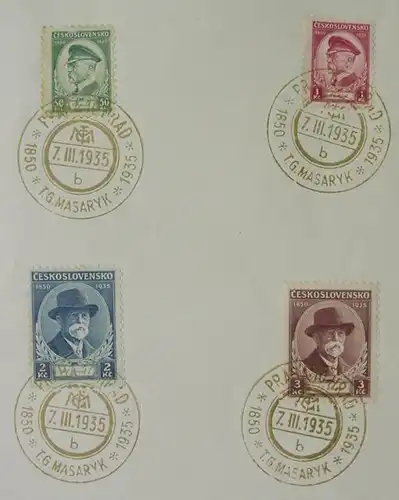 (1044965) Masaryk 1850-1935. Faltblatt. Gedenkblatt. Goldfarbener Sonderstempel auf 4 Briefmarken
