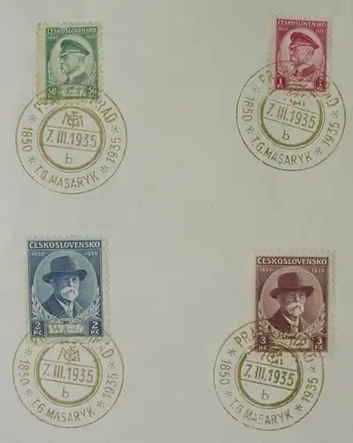 () Masaryk 1850-1935. Faltblatt. Gedenkblatt. Goldfarbener Sonderstempel auf 4 Briefmarken