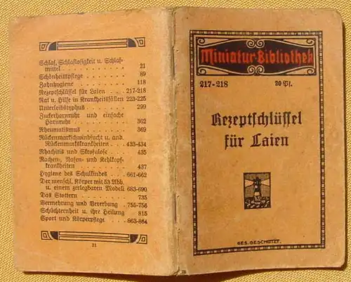 () "Rezeptschluessel fuer Laien" 20-Pf.-Heft. 96 S., Miniatur-Bibliothek, um 1914 Otto Paul, Leipzig