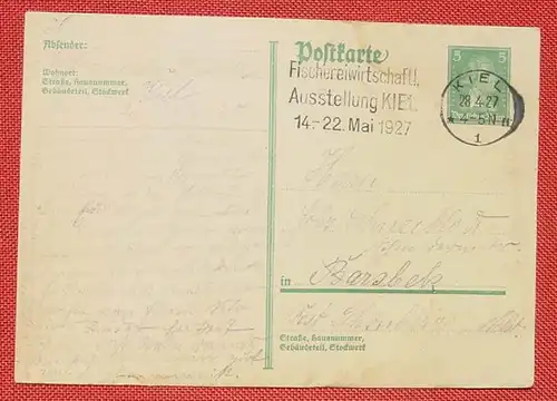 () Postkarte. Stpl. Fischereiwirtschaftliche Ausstellung Kiel 14. - 22. Mai 1927, siehe bitte scan