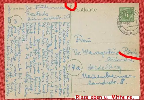(1045373) Postkarte. Ganzsache. Stpl. Seestadt Rostock 25. 10. 1945. Siehe bitte Bilder, 2 Risse oben u. re