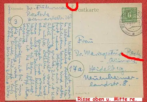 () Postkarte. Ganzsache. Stpl. Seestadt Rostock 25. 10. 1945. Siehe bitte Bilder, 2 Risse oben u. re