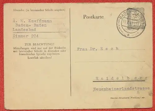 (1045378) Postkarte. Ganzsache. 6 Pf. Gebuehr bezahlt, Baden-Baden 1946. Siehe bitte Bilder, Gebrauchsspuren, leicht fleckig