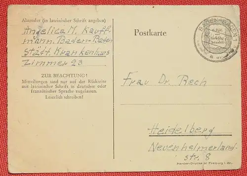(1045379) Postkarte. Ganzsache. 6 Pf. Gebuehr bezahlt, Baden-Baden 1945. Siehe bitte Bilder, Gebrauchsspuren, Risse