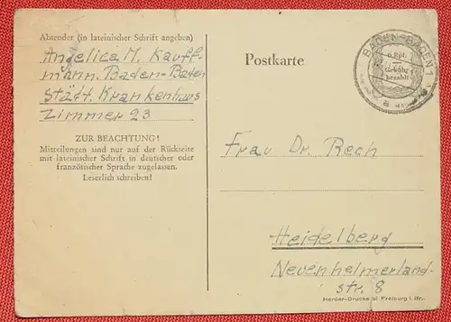 () Postkarte. Ganzsache. 6 Pf. Gebuehr bezahlt, Baden-Baden 1945. Siehe bitte Bilder, Gebrauchsspuren, Risse