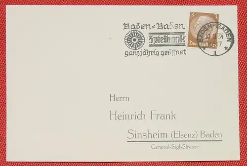(1045396) Postkarte. Heimatbeleg. Werbestempel Baden-Baden 1934. Spielbank