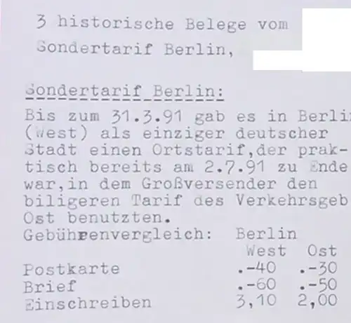 () 3 Belege mit Sondertarif Berlin 1991. Postkarte. Brief. Brief-Einschreiben