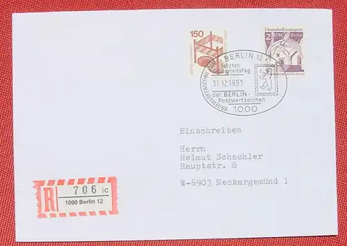 (1045403) Briefkuvert. Einschreiben. SST 31. 12. 1991. Berlin Postwertzeichen letzter Gueltigkeitstag. Huebsche Frankatur, siehe Bild