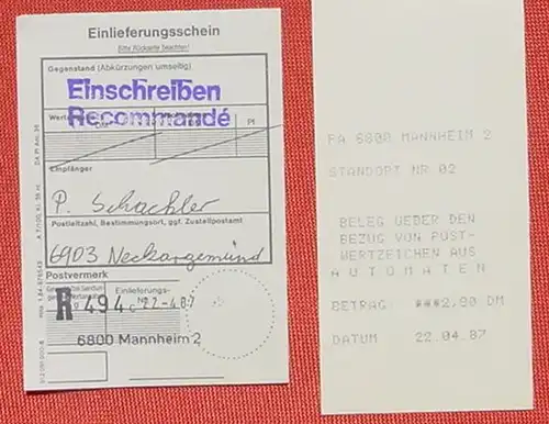 (1045405) Briefkuvert. Automatenmarken. Einschreiben. 22. 4. 1987 mit Belegen. Mannheim. Siehe Bilder