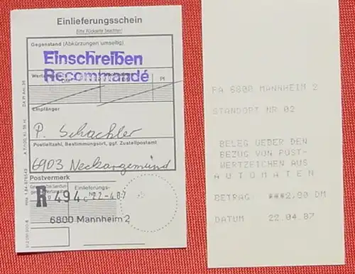 () Briefkuvert. Automatenmarken. Einschreiben. 22. 4. 1987 mit Belegen. Mannheim. Siehe Bilder