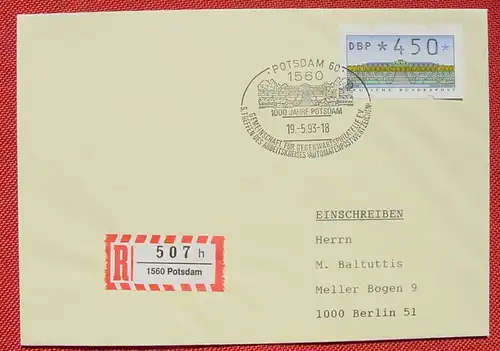 (1045476) FDC. Automaten-Postwertzeichen. Einschreiben. Potsdam. SST 19. 5. 1993. TOP Zustand