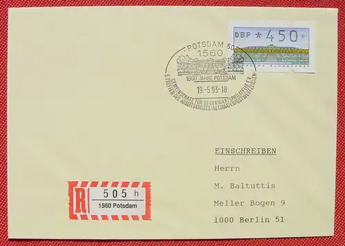 (1045477) FDC. Automaten-Postwertzeichen. Einschreiben. Potsdam. SST 19. 5. 1993. TOP Zustand