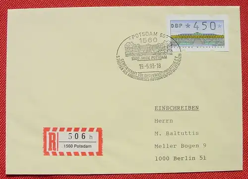 (1045482) FDC. Automaten-Postwertzeichen. Einschreiben. Potsdam. SST 19. 5. 1993. TOP Zustand