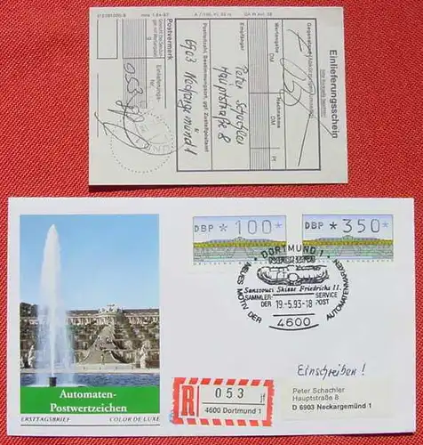 () FDC. Automaten-Postwertzeichen. Dortmund. SST 19. 5. 1993. Einschreiben mit Beleg, siehe bitte Bild