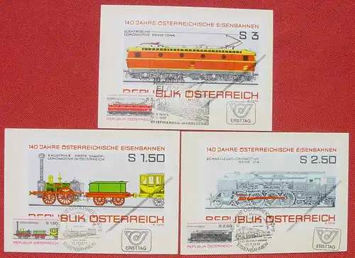 (1045489) Oesterr. Eisenbahnen. 3 Karten mit Marken u. Ersttagsstempeln. Rs. blanko. TOP Zustand