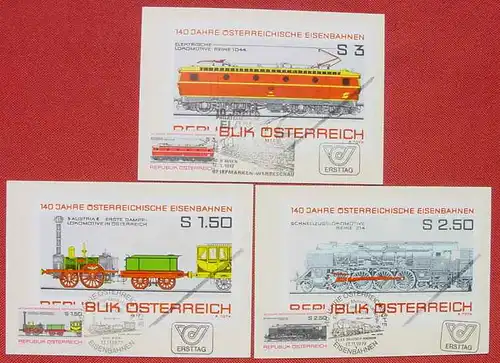 () Oesterr. Eisenbahnen. 3 Karten mit Marken u. Ersttagsstempeln. Rs. blanko. TOP Zustand