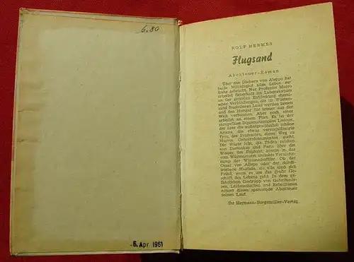 () Rolf Hermes "Flugsand" Abenteuerroman. 248 S., Borgsmueller-Verlag, Muenster