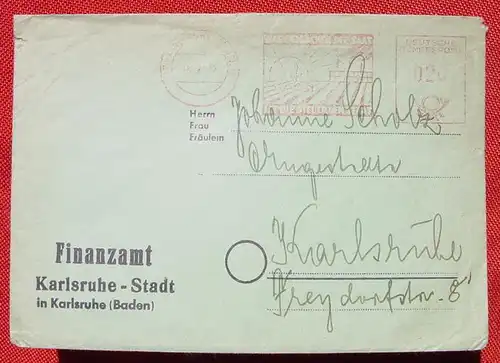 () Fuer Stempelsammler : Freistempel Karlsruhe 1952 auf stark gebrauchtem Kuvert