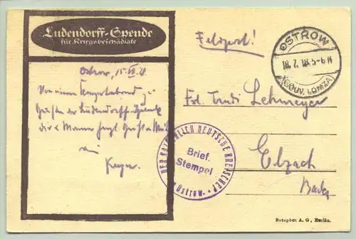 (2002773) Sonderpostkarte. Ludendorff-Spende fuer Kriegsbeschaedigte. OSTROW (Gouv. LOMZA) 1918