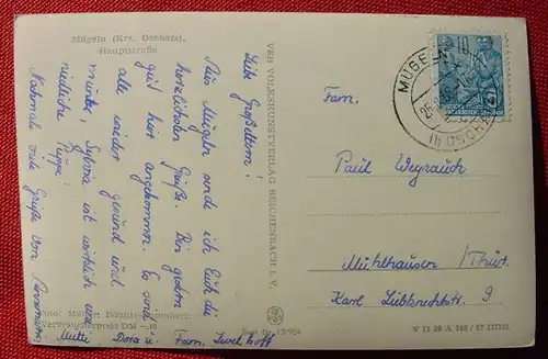 () Muegeln Kreis Oschatz. Hauptstrasse. Stempel von 1958. VEB Volkskunstverlag Reichenbach