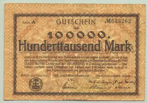 (1038964) Bonn. Geldschein. Gutschein. 100.000 Mark. 1. Juni 1923. Beidseitig bedruckt