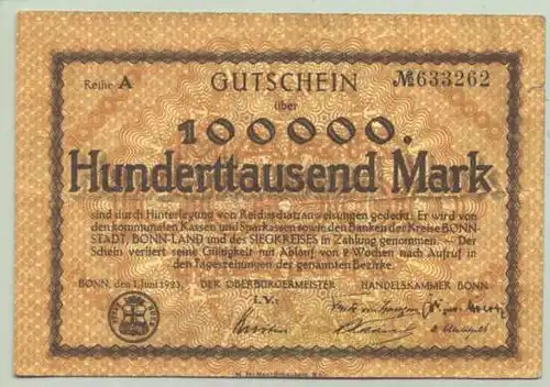 () Bonn. Geldschein. Gutschein. 100.000 Mark. 1. Juni 1923. Beidseitig bedruckt