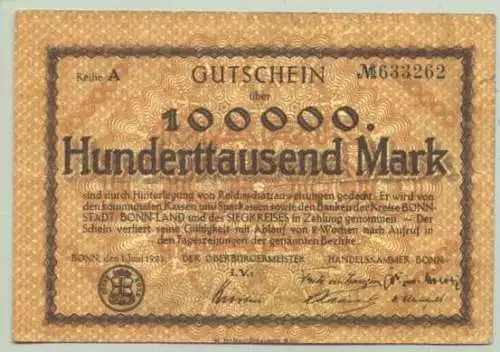 ! Neu : Versandkosten ab Euro 1,60 () Bonn. Geldschein. Gutschein. 100.000 Mark. 1. Juni 1923. Beidseitig bedruckt.