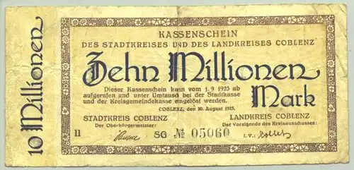 (1038966) Zehn Million Mark, Coblenz 20. August 1923. Rueckseite unbedruckt