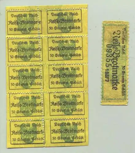 (1028565) Marken-Bogen mit 10 Reisebrotmarken des Deutschen Reiches, um 1915 ?