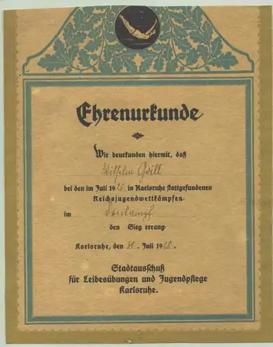 (1010541) Ehrenurkunde 1925 Reichsjugendwettkampf. Karlsruhe