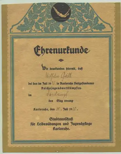 () Ehrenurkunde 1925 Reichsjugendwettkampf. Karlsruhe