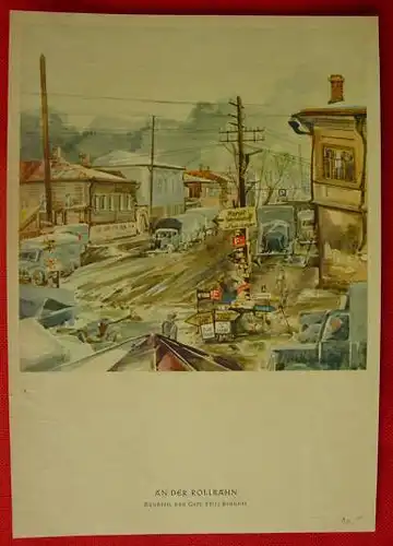 () Kunstdruck "An der Rollbahn. Aquarell von Gefr. Fritz Brauner". Blattformat ca. 15,5 x 22 cm