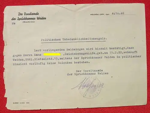 () "Politisches Unbedenklichkeitszeugnis". Weiden/ Opf. am 4. 10. 1946