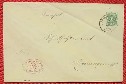 (1039046) Kuvert Ganzsache 5 Pf. Dienst-Sache Wuerttemberg, Ludwigsburg 1894