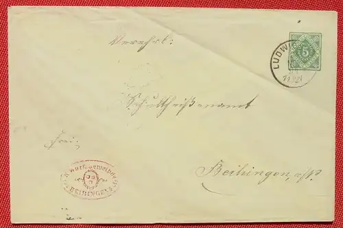 () Kuvert Ganzsache 5 Pf. Dienst-Sache Wuerttemberg, Ludwigsburg 1894