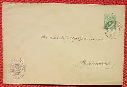 () Kuvert Ganzsache 5 Pf. Dienst-Sache Wuerttemberg, Ludwigsburg 1894