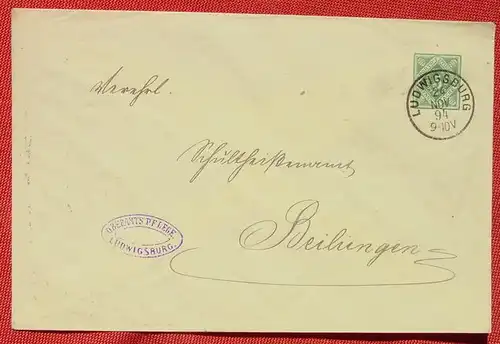 () Kuvert Ganzsache 5 Pf. Dienst-Sache Wuerttemberg, Ludwigsburg 1894