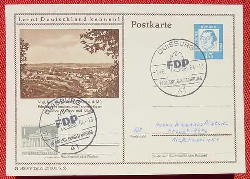 () Postkarte mit SST Duisburg 1. 6. 1964. Bundesparteitag FDP