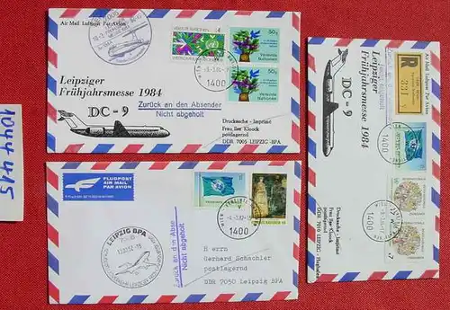 () 3 Heimatbelege Leipzig Messe 1982 / 1984. Vereinte Nationen Wien, mit diversen Stempeln