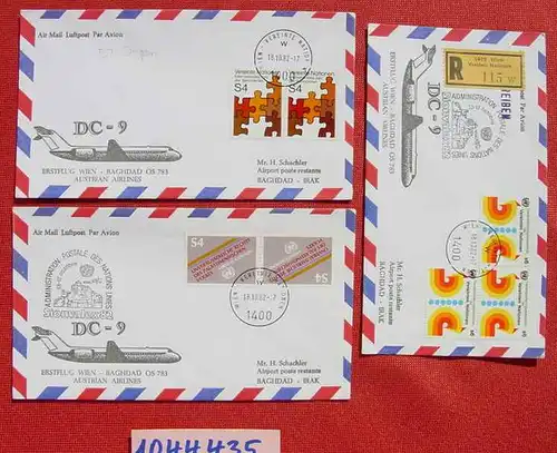 () Luftpost. 3 x Erstflug Wien-Baghdad DC-9. Wien Vereinte Nationen 1982, z. T. Einschreiben, Sionvalex 82