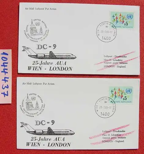 (1044437) Vereinte Nationen. Wien. 25 Jahre AUA Wien-London, DC - 9, zwei Briefe von 1983, London Heathrow